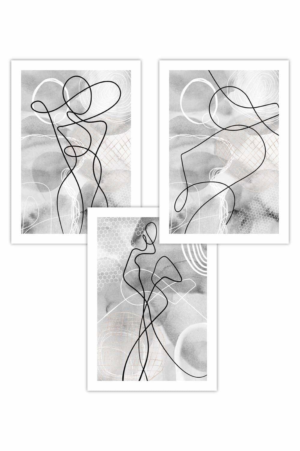 Set of 3 Abstract Fashion Line Art in Grey and White Art Posters